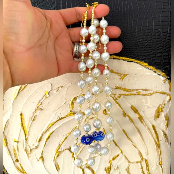 Elegant Pearl and Blue Murano Evil Eye Necklace & one Hair Clip - Picture 1 of 9